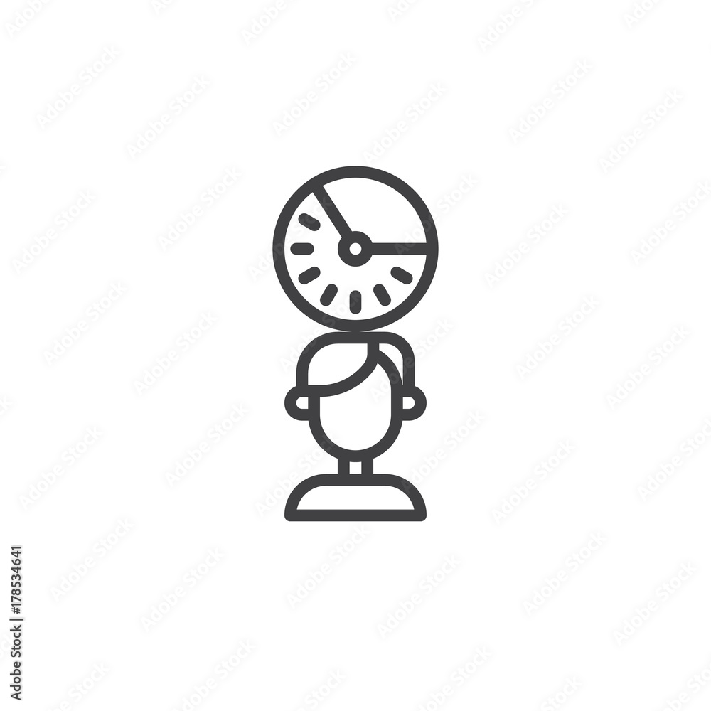 Employee and clock line icon, outline vector sign, linear style pictogram isolated on white. Time management symbol, logo illustration. Editable stroke Employee and clock line icon, outline vector sign, linear style pictogram isolated on white. Time management symbol, logo illustration. Editable stroke