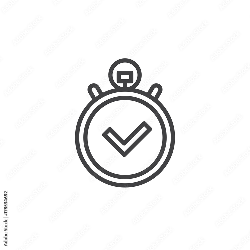 Stopwatch with check mark line icon, outline vector sign, linear style pictogram isolated on white. Time management symbol, logo illustration. Editable stroke Stopwatch with check mark line icon, outline vector sign, linear style pictogram isolated on white. Time management symbol, logo illustration. Editable stroke
