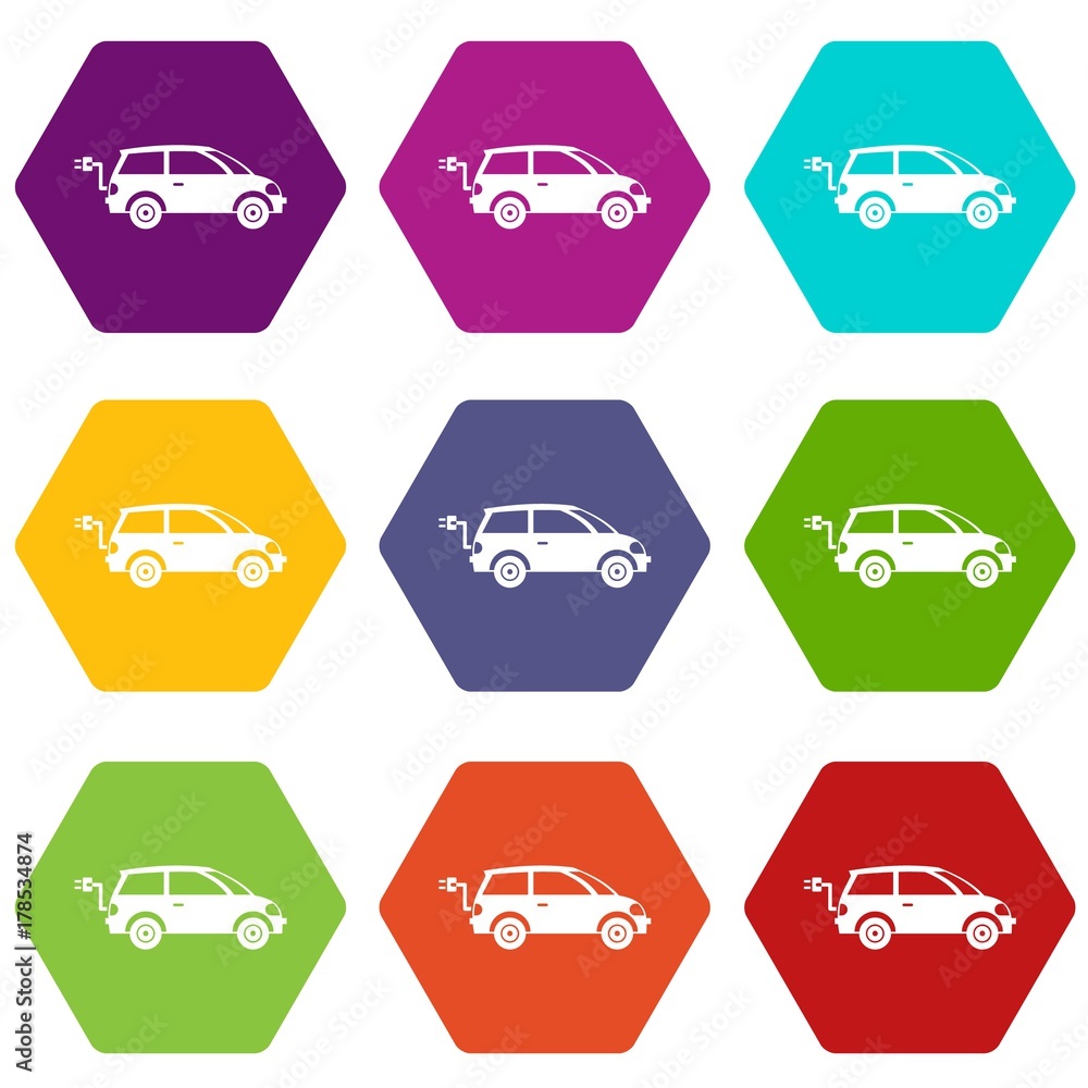 Electric car icon set color hexahedron