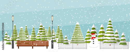 Cute vector winter background. Snowfall, fir trees in different shapes and forms, lanterns, bench, snowman. Winter park under snowfall.