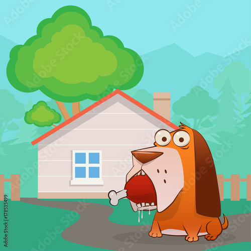 dog sitting near the house with a ham in his mouth