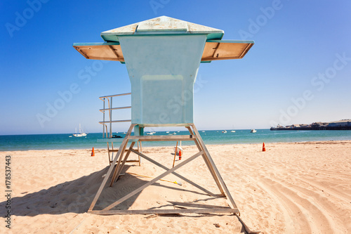 Lifeguard cabin on empty beach of Santa Monica