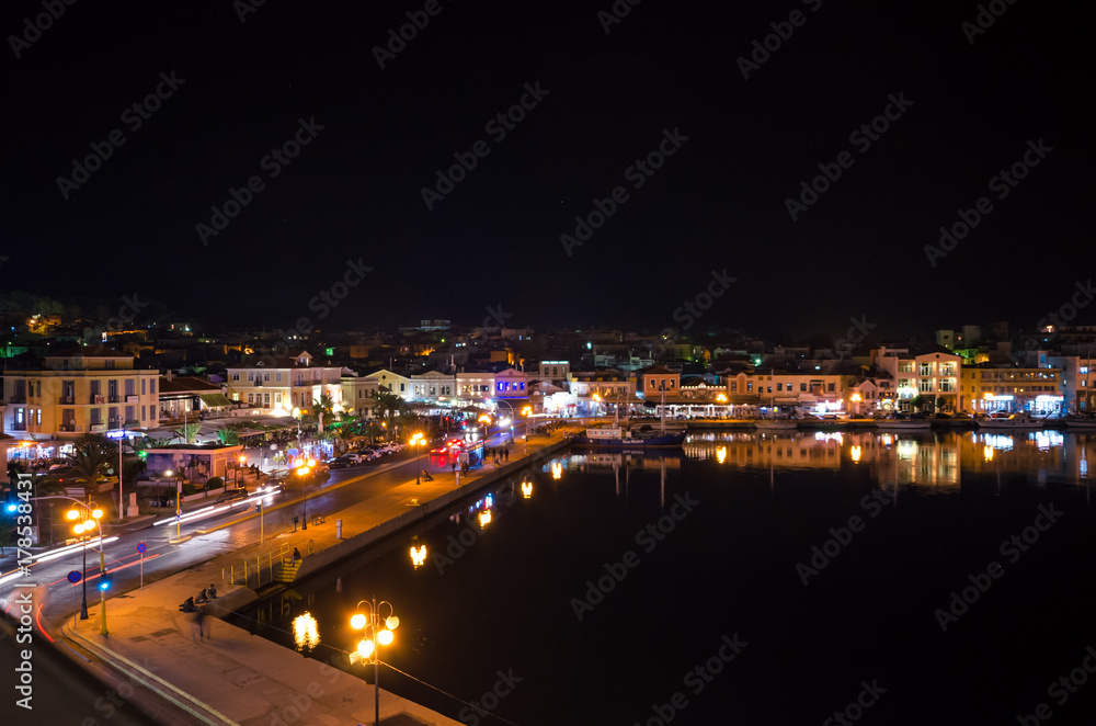 Amazing view of the port and the city of Mytilene at night.Mytilene is the capital and port of the island of Lesvos and also the biggest island of the North Aegean.