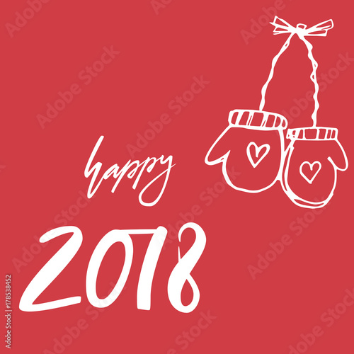 Happy 2018. Hand drawn lettering greeting card with calligraphy on christmas background. Vector illustration. Calligraphy for design cards  overlays  scrapbooks. Vector calligraphy sign