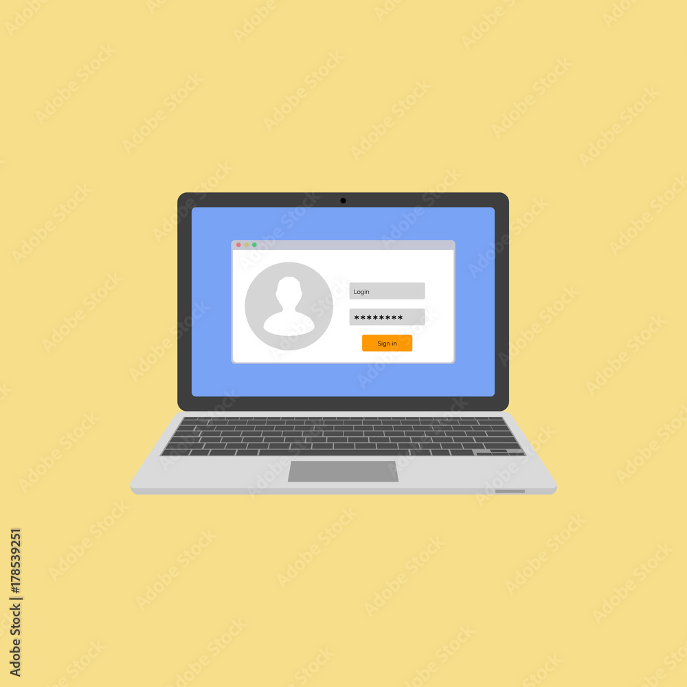 Laptop with authorization on the screen. Login and password of the user. Login to the system or account. Vector illustration Laptop with authorization on the screen. Login and password of the user. Login to the system or account. Vector illustration