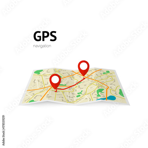 gps navigation. the path on the map is indicated by a pin. vector illustration