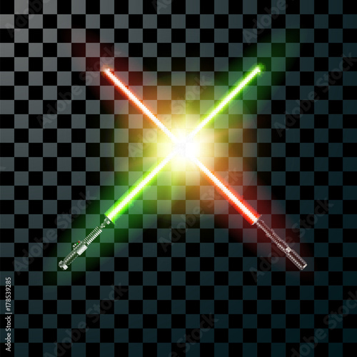 Two realistic light swords. cross swords. Vector illustration isolated on transparent background