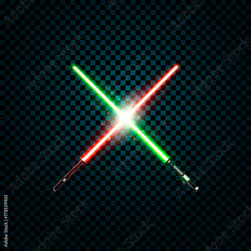 realistic light swords. crossed lightsabers, flash and sparkles. Vector illustration isolated on transparent background