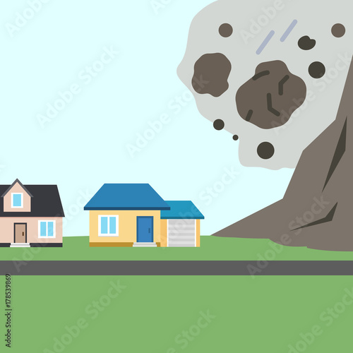 The collapse of mountain to buildings. Rockfall. Stones fall from the mountain. Vector Illustration