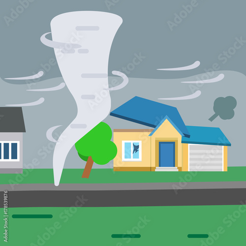 Tornado. Strong whirlwind blows the roof of the house and tree
