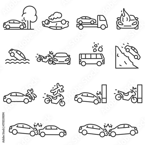 Road accident icon set. Accidents involving a passenger car, motorcycle and bus, linear design. Line with editable stroke