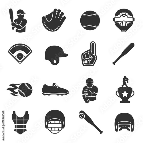 Baseball and softball icon set, isolated vector monochrome illustration