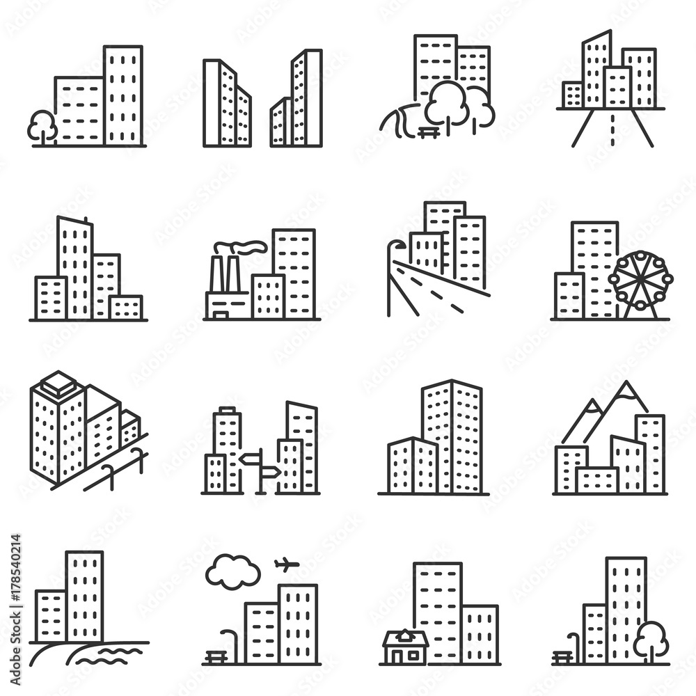 Fototapeta premium Cities and city buildings, a set of icons in a linear design. Urban cityscape, office and apartment buildings. lines with editable stroke.