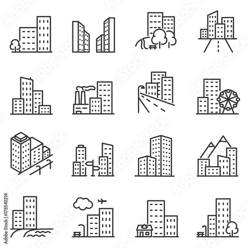 Cities and city buildings, a set of icons in a linear design. Urban cityscape, office and apartment buildings. lines with editable stroke. #178540214