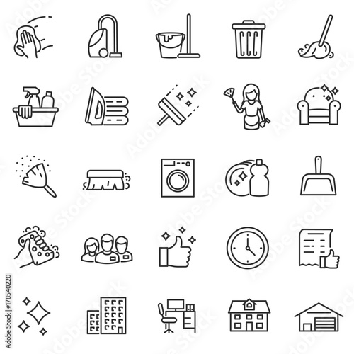Cleaning service, icon set, services for cleaning and laundry in various rooms. Icons for the website.Line with editable stroke photo
