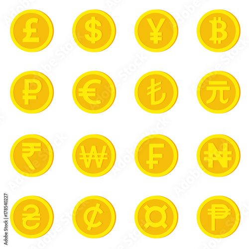 World currency icons. Money and currency symbol. pound, dollar, yuan, bitcoin, ruble, euro, lira, yuan renminbi, indian rupee, korean won, swiss franc, naira, hryvnia, cilon, currency sign, pesos