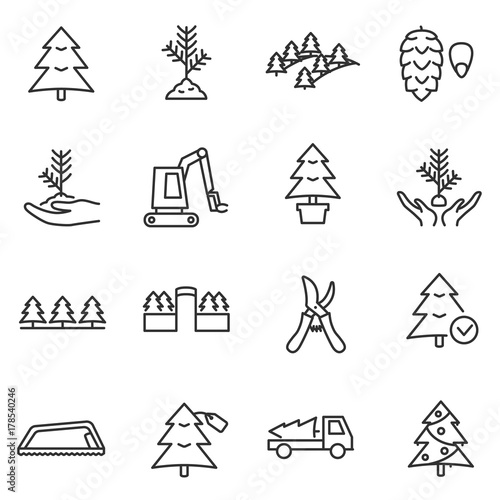 Christmas tree farm, Icon set. Growing coniferous trees for sale. lines with editable stroke. Collection of linear icons