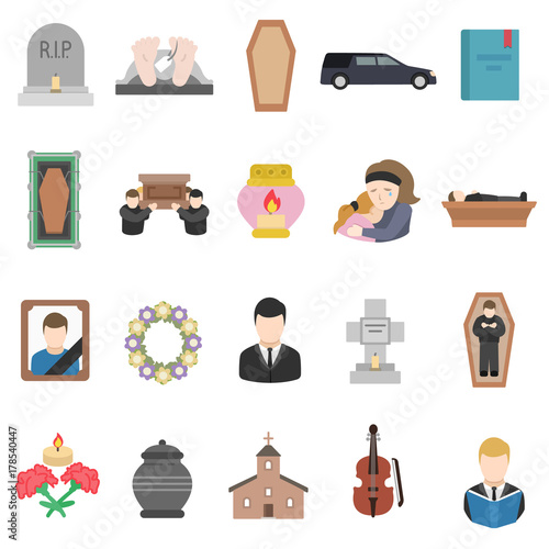 Funeral, icon collection. Isolated illustration on subject burial, cremation, etc