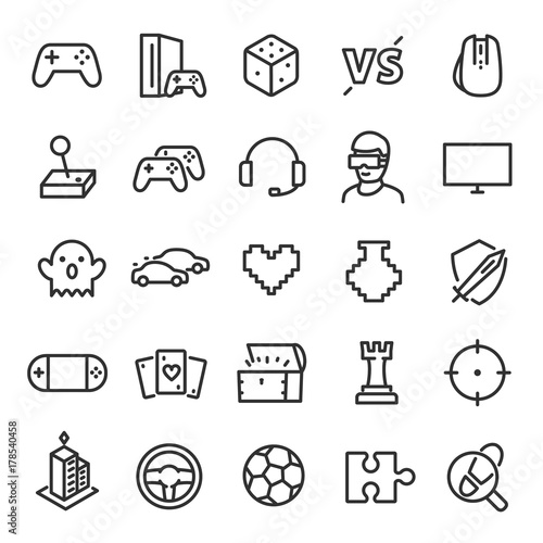 Video games icon set. Game genres and attributes. Linear design. Lines with editable stroke. Isolated vector icons