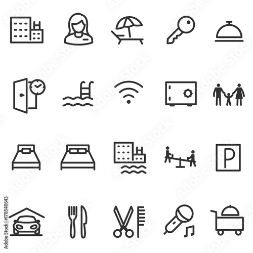 Hotel, icon set. Services and conditions of stay.Line with editable stroke. icons for the website.