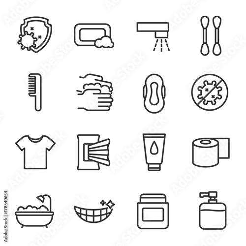 Hygiene icon set. Keeping clean, linear design. Line with editable stroke