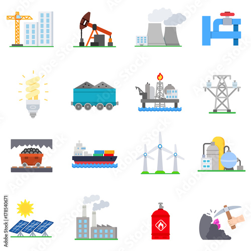 Industry icon set. Collection of icons on the extraction of raw materials, fuel and energy production.