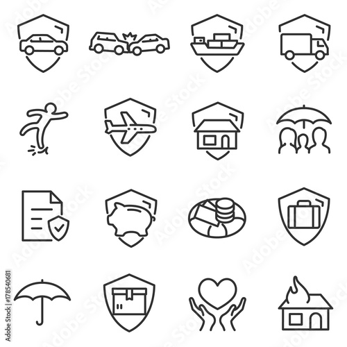 Insurance icon set. Protection of health, life and property, linear design. Line with editable stroke