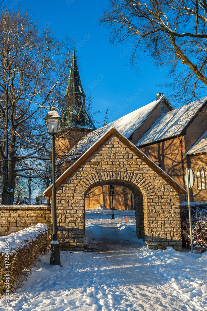 Portal to a Swedish church in winter