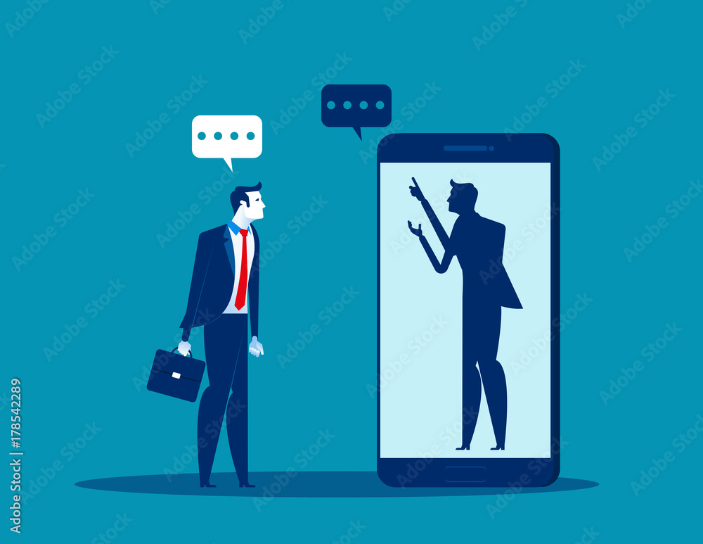 Businessman talking with anonymous person inside of smartphone. Concept business vector illustration. Businessman talking with anonymous person inside of smartphone. Concept business vector illustration.