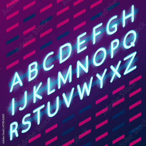 Neon alphabet. Glowing letters set in isometric projection. luminous font