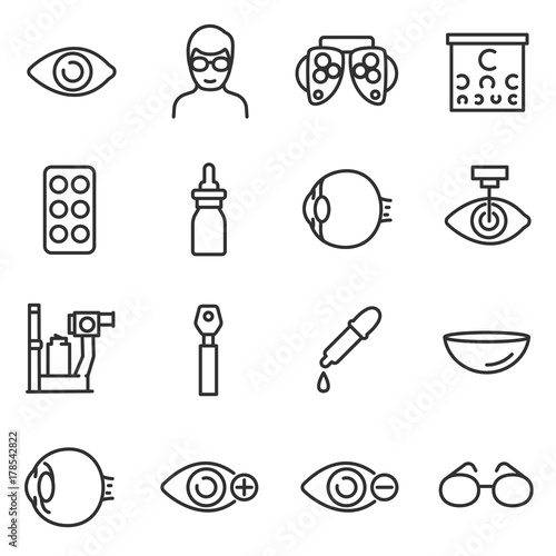 Vision icon set. Verification and correction of visual, thin line design. Collection of icons on the theme of ophthalmology. Line with editable stroke