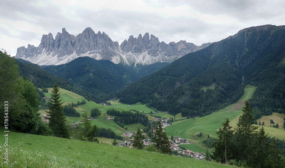 Amazing Italian Alps Dolomites Aerial View with Green Fields and Forest