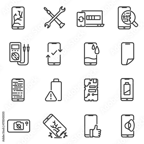 Phone repair icon set. Breakage and recovery of the smartphone, thin line design. Repair Center. Line with editable stroke