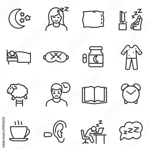 Sleep icon set, thin line design. Line with editable stroke