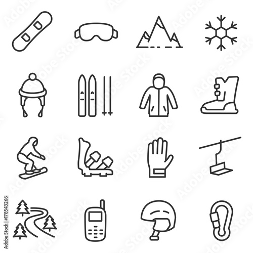 Snowboarding and skiing icon set. Linear icons on the theme of ride a snowboard and skiing. Accessories, things. Line with editable stroke