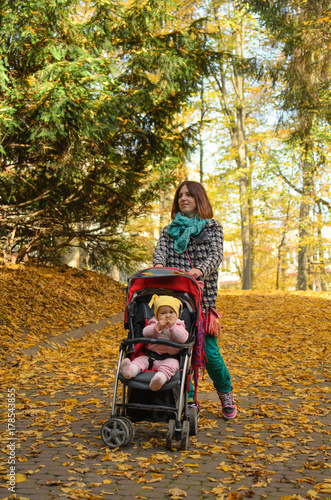 Obraz na płótnie Young mother walking with her baby and carries it in a stroller w salonie