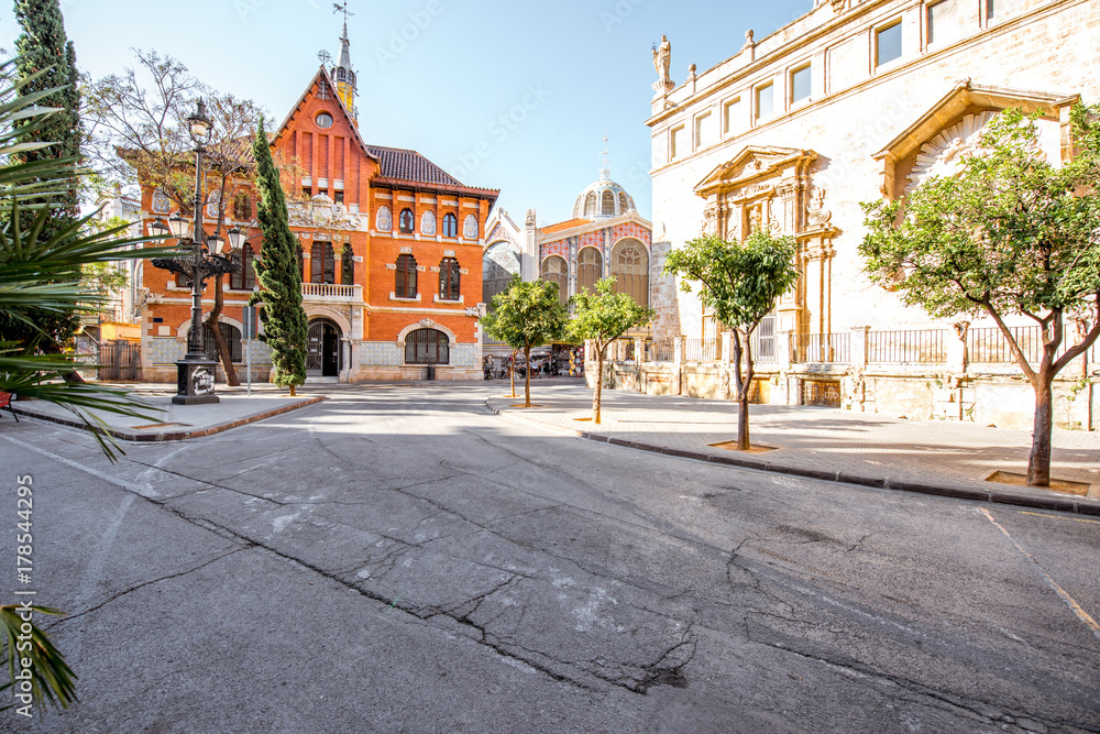 View on the saint Joan church near the central market during the morning light in Valencia city in Spain