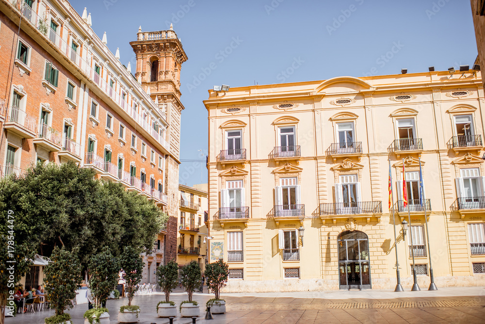 View on the Manises square with Bartolomeu tower in Valencia city in Spain