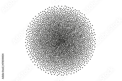 Random halftone. Pointillism style. Background with irregular, chaotic dots, points, circle. Abstract monochrome pattern. 