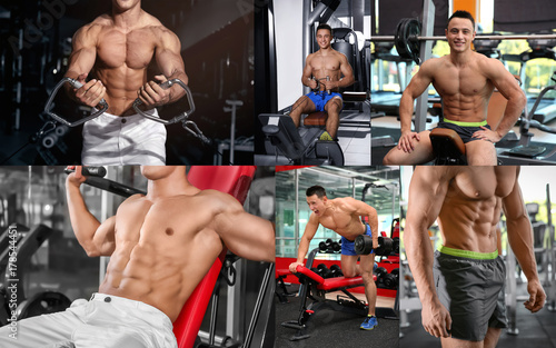 Collage with bodybuilder training n gym