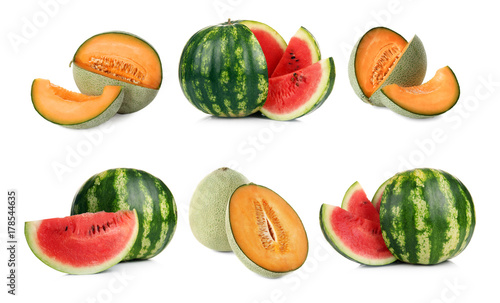 Set of fresh sliced melons and watermelons on white background