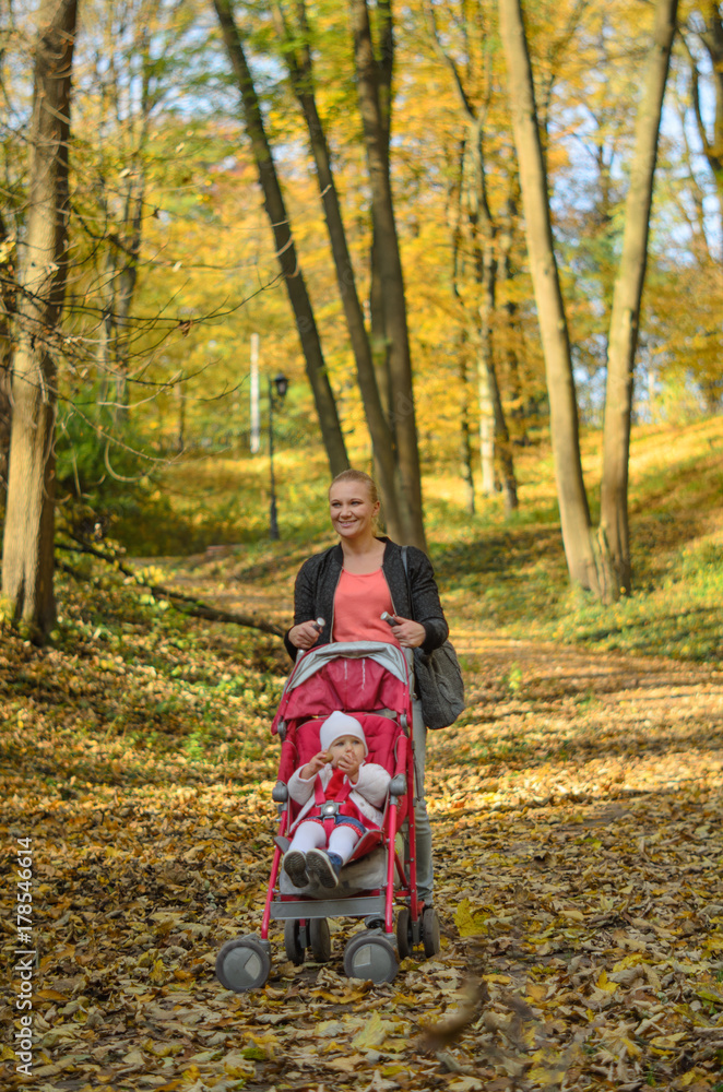 Young mother walking with her baby and carries it in a stroller