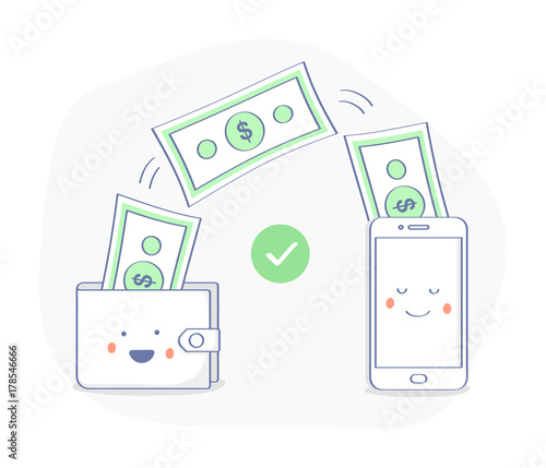 Sending and Receiving money, payments using smartphone. Money bills fly from a happy wallet to the cute mobile phone, successful transaction, money transfer concept. Premium quality flat outline icon.
