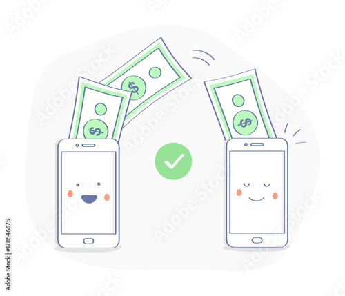 Sending and receiving money, mobile payments using smartphone, transaction between two mobile phones. Financial illustration. Successful transaction concept. Premium quality flat outline icon.