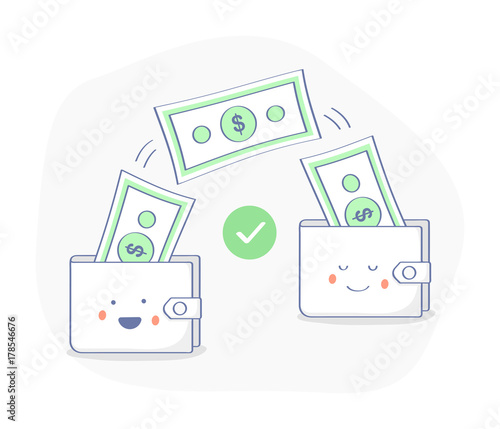 Sending and receiving money from one purse to another, payments between wallets. Financial illustration. Successful transaction concept. Premium quality flat outline icon.