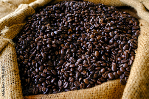 Coffee beans in coffee burlap bag