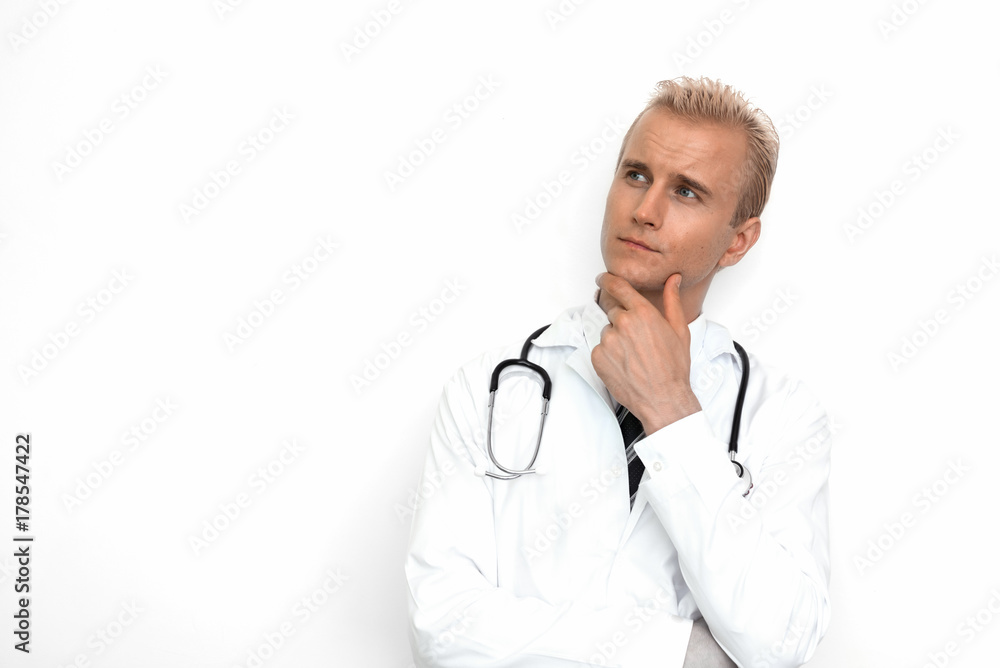 Doctor with stethoscope thinking and imagine on the white background. Medical and Healthcare concept. Hospital theme Doctor with stethoscope thinking and imagine on the white background. Medical and Healthcare concept. Hospital theme