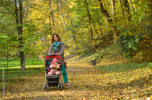 Obraz na płótnie Young mother walking with her baby and carries it in a stroller w salonie