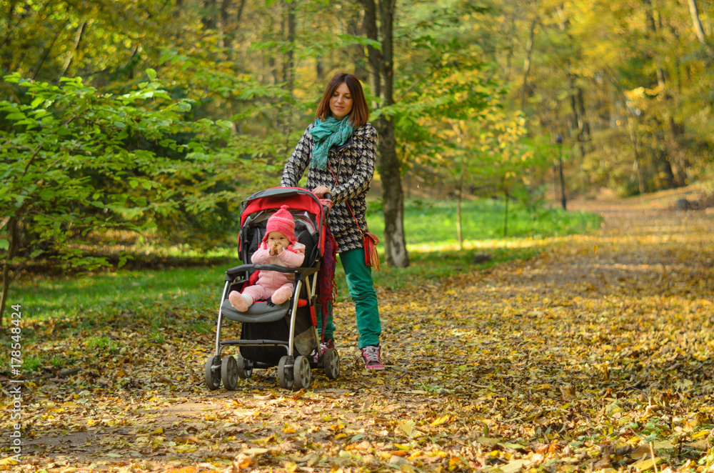 Young mother walking with her baby and carries it in a stroller
