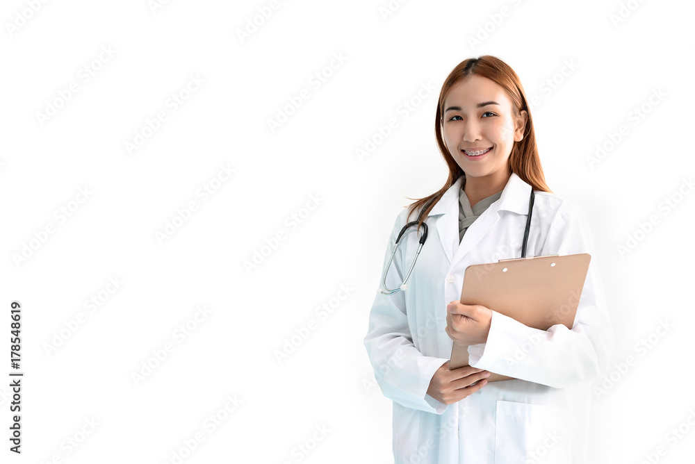 Women Doctor is holding the report file with stethoscope on white isolated background. Medical and Healthcare concept. Hospital and people theme Women Doctor is holding the report file with stethoscope on white isolated background. Medical and Healthcare concept. Hospital and people theme